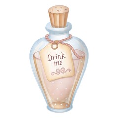 Naklejka premium Watercolor magic potion bottle with Drink Me label, Alice in Wonderland fairytale element isolated on white.