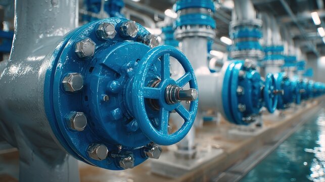 A row of blue resilient seated gate valves and grey pipes control water flow inside an industrial water treatment plant