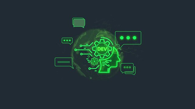 Neon Green Dev Ops Development Concept with Chat Bubbles and Gear on Dark Background devops gear technology