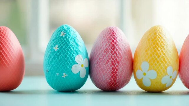 A vibrant set of pastel Easter eggs decorated with flowers and patterns, arranged on a light surface. Perfect for spring and festive holiday concepts, symbolizing celebration and renewal.