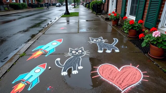 Colorful Chalk Art on Sidewalk Featuring Rockets, Cats, and a Heart