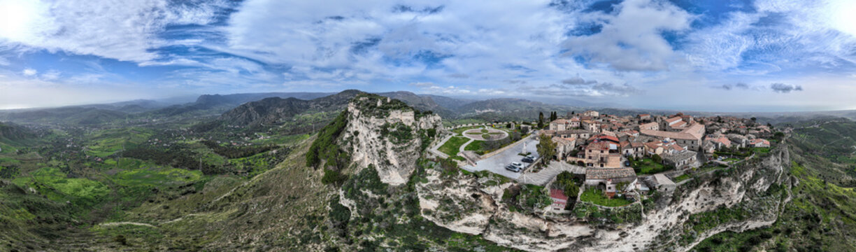 Aerial view of Gerace, Reggio Calabria, in the Aspromonte National Park. Norman Castle of Gerace. Historic center with a medieval feel. Calabria, Italy