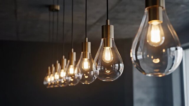 Warmly lit clear glass pendant light bulbs hanging from ceiling  modern interior design lighting fixtures