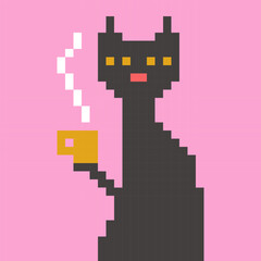Pixel art illustration of a black cat holding a cup of hot coffee in retro 8-bit style. Cute pixelated character with steam, symbolizing cozy mood, relaxation, morning routine, and coffee break. Vecto