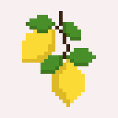 Fototapeta premium Pixel art illustration of a branch with lemons in retro 8-bit style. llustration symbolizing freshness, healthy food, vitamins, and tropical fruit. 