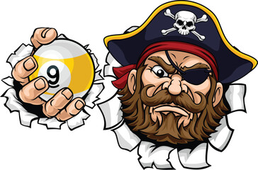 Fototapeta premium Pirate nine ball pool billiards sports mascot holding a 9 ball cartoon illustration