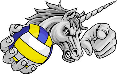 Fototapeta premium Unicorn horse stallion angry volleyball sports team mascot holding a ball.