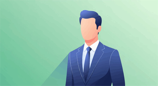 A faceless man in a blue suit and tie stands against a green gradient background
