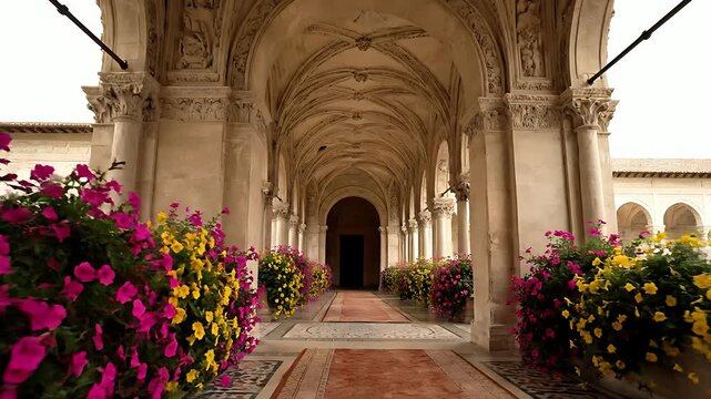 An architectural cloister walkway features ornate vaulted ceilings and richly colored petunia flower boxes lining the stone pathway beautifully.