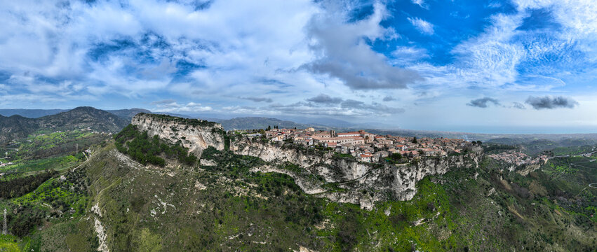 Aerial view of Gerace, Reggio Calabria, in the Aspromonte National Park. Norman Castle of Gerace. Historic center with a medieval feel. Calabria, Italy