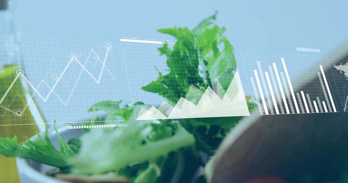 Wooden fork entering frame, lifting and tossing salad while overlays animate to show nutrition data