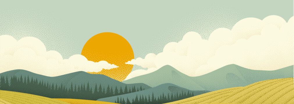 A landscape of rolling hills and sun in cloudy sky. Original vintage rural farm or vineyard illustration in a vintage retro pointillism dots style.