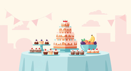 Fototapeta premium A delightful spread of celebratory treats, including a tiered cake, cupcakes, and fruit