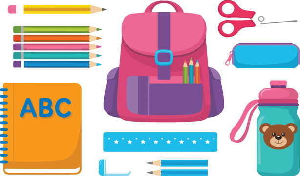 Cartoon School Supplies Vector Set &ndash; Backpack, Pencils, Books, and Stationery
