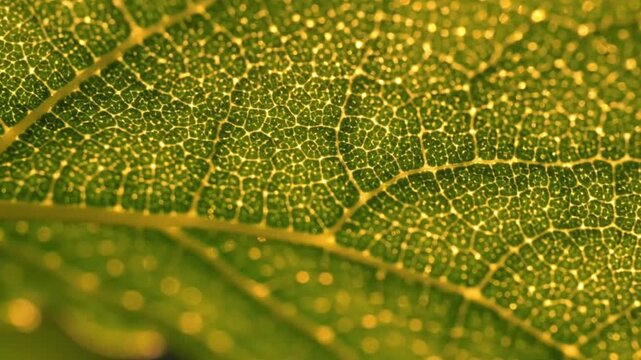 Closeup of a green leaf showing intricate vein patterns and cellular structure