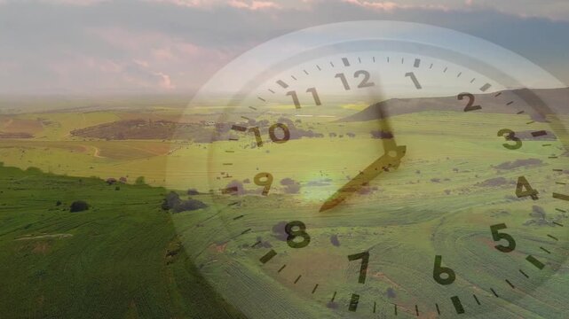 On start clock hands sweeping clockwise over faint dial, indicating time passing fast across fields