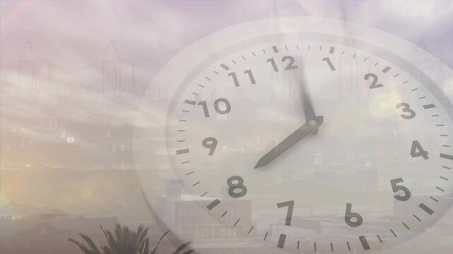 Cloud drift starting, coastal skyline glowing, large analog clock hands rotating, showing time
