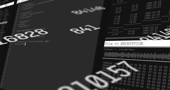 Camera tilting and panning revealing numeric plane, numerals drifting, panels showing encryption