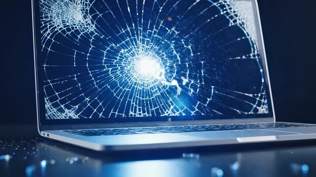 The laptop displays a cracked screen, with shattered glass fragments scattered around. The broken laptop is positioned on a dark surface, highlighting the damage.