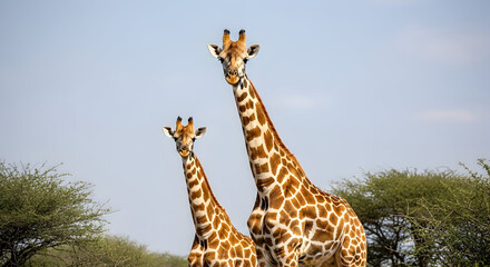 Obraz premium Two majestic giraffes looking directly forward in sunny savanna landscape