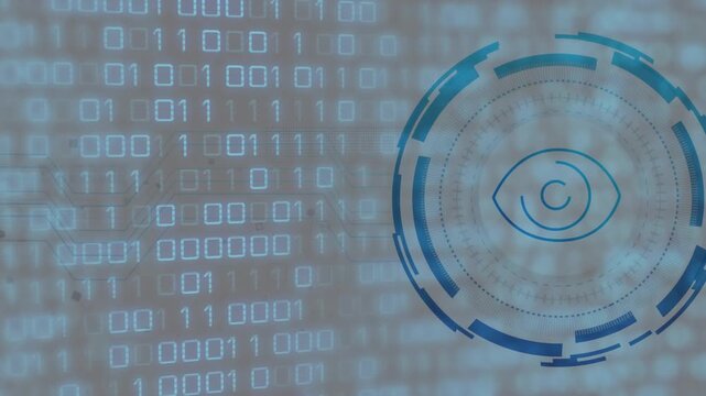 Circular HUD with eye icon activating on binary matrix, fading, aligning, scanning data