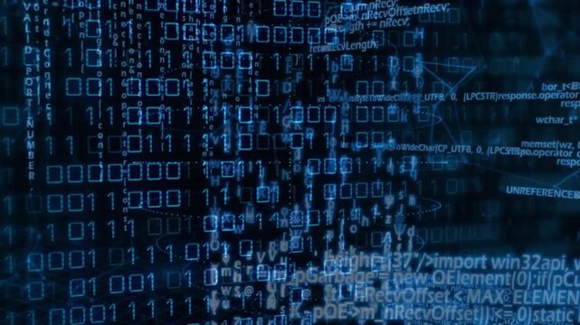 Cam panning and depth shifting revealing binary grid, code fading and streams sliding, showing flow