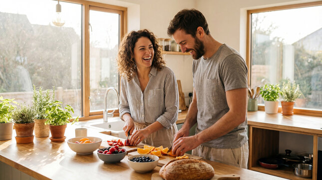 Happy couple laughing while preparing healthy fruit in a sunlit kitchen. Man and woman cutting oranges and berries for breakfast. Healthy lifestyle and domestic life concept