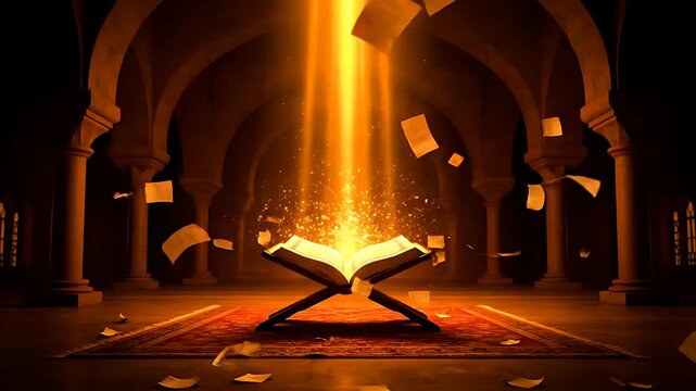 Sacred illuminated Quran resting open on a wooden stand, radiating divine golden light and scattering glowing script pages within a mystical archway setting.