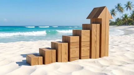 Rising Wooden Graph on White Sand Beach Summer