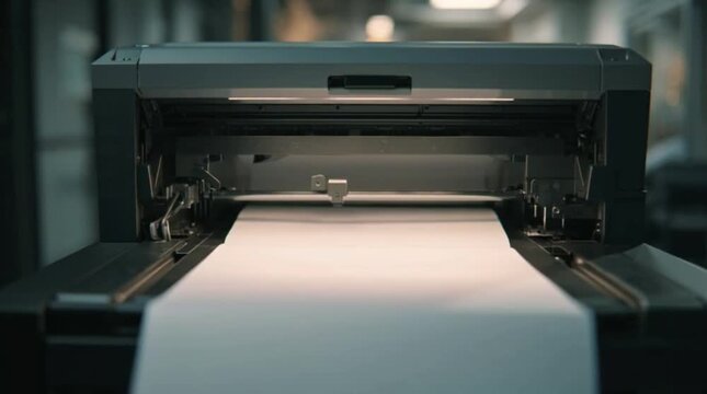 A cinematic shot of a large format printer or plotter precisely printing on a continuous roll of white paper. Excellent for architecture, design, and engineering related content.