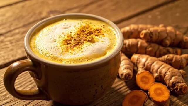 A warm, earthy turmeric latte in a rustic setting.