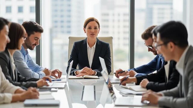 Business people sitting around conference table.