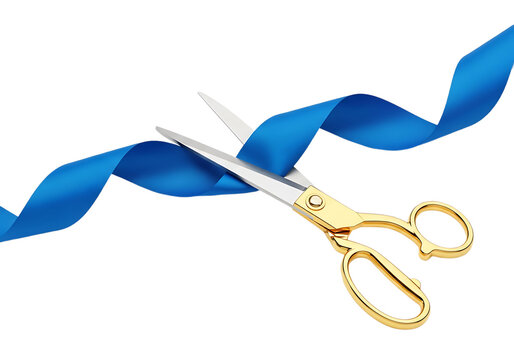 Gold handled scissors cutting a vibrant blue ribbon on a white background