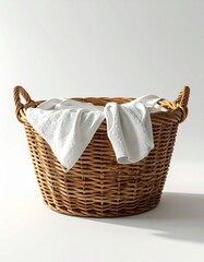 Wicker Laundry Basket with White Towels on White Background in Studio Light
