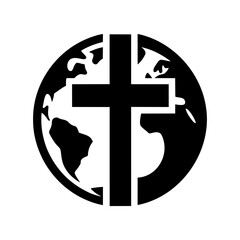 Obraz premium Black silhouette icon of a Christian cross set against a globe. Symbol of global Christianity and missionary work on a white background. Vector illustration
