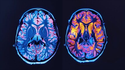 Rare Disease Day: medical MRI brain scan split composition, left side healthy brain tissue, right side brain affected by multiple sclerosis with visible white matter lesions