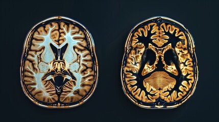 Rare Disease Day: medical MRI brain scan split composition, left side healthy brain tissue, right side brain affected by multiple sclerosis with visible white matter lesions