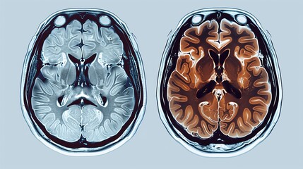 Rare Disease Day: medical MRI brain scan split composition, left side healthy brain tissue, right side brain affected by multiple sclerosis with visible white matter lesions