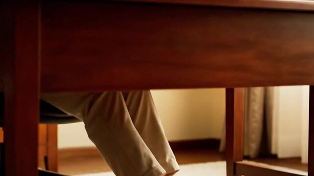 A person doing toe taps under a desk, discreet relaxing movement.