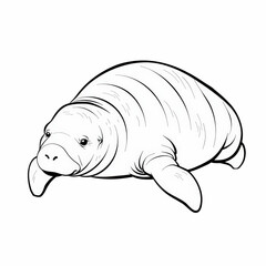 Minimalist Manatee Line Art Illustration Isolated on White Background, Simple Black and White  Style Drawing of a Sea Cow for Coloring Books, Educational Materials, and Marine Life Designs