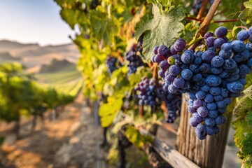 Naklejka premium Close-up of deep purple grapes among green leaves in a pastoral vineyard setting