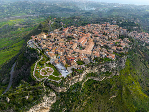 Aerial view of Gerace, Reggio Calabria, in the Aspromonte National Park. Norman Castle of Gerace. Historic center with a medieval feel. Calabria, Italy