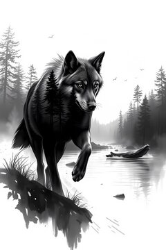 black and white wolf walking near river