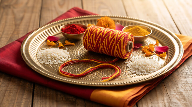 Traditional brass puja thali with sacred thread and kumkum. Raksha Bandhan festival preparation concept
