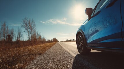 Fototapeta premium Blue car parked on a sunlit roadside with expansive sky and space for text