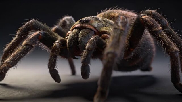 Close-up of a large hairy tarantula spider moving slowly. Macro view of an arachnid predator on a dark background. Halloween and phobia concept