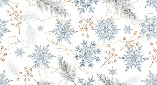 Elegant winter wonderland scene with snowflakes and frosted pine branches