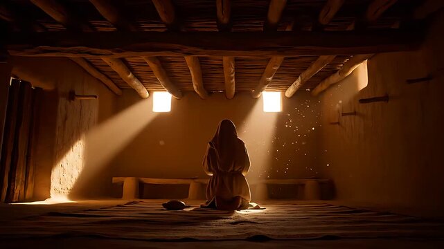 Solitary figure clad in flowing robes kneeling in earnest prayer illuminated by shafts of divine sunlight streaming through small windows inside an ancient dwelling.