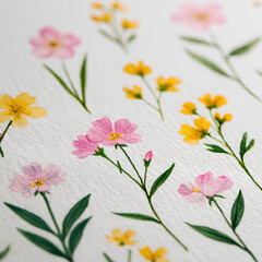 Delicate Watercolor Wildflowers Pattern on Textured Paper, Hand Painted Floral Botanical Background