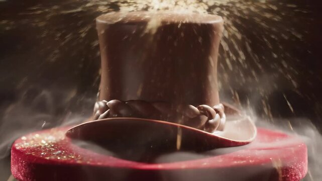 A chocolate top hat sits atop a red pedestal. Soft smoke swirls around the chocolate top hat, creating an enchanting atmosphere.